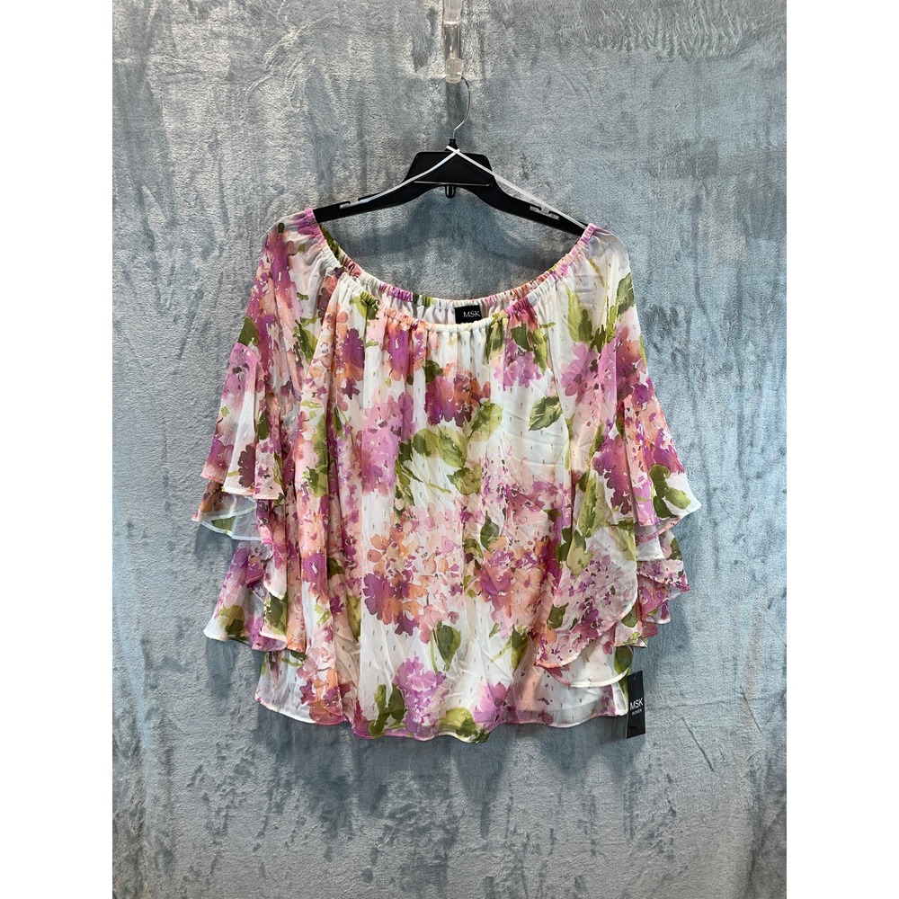 MSK Women 2X Floral Chiffon Ruffle Sleeve Off Shoulder Blouse Pink Purple Lurex